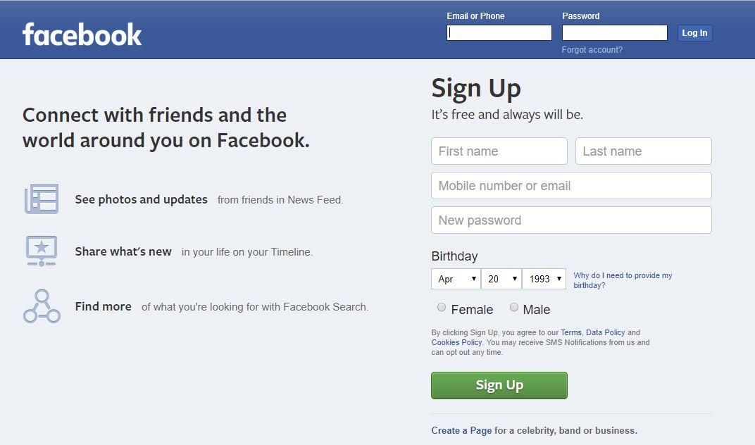 Sign-In/Sign Up page for facebook.com