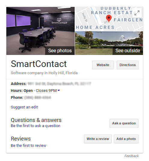 Example of a Google My Business Knowledge Card displayed in search for the business ``SmartContact``