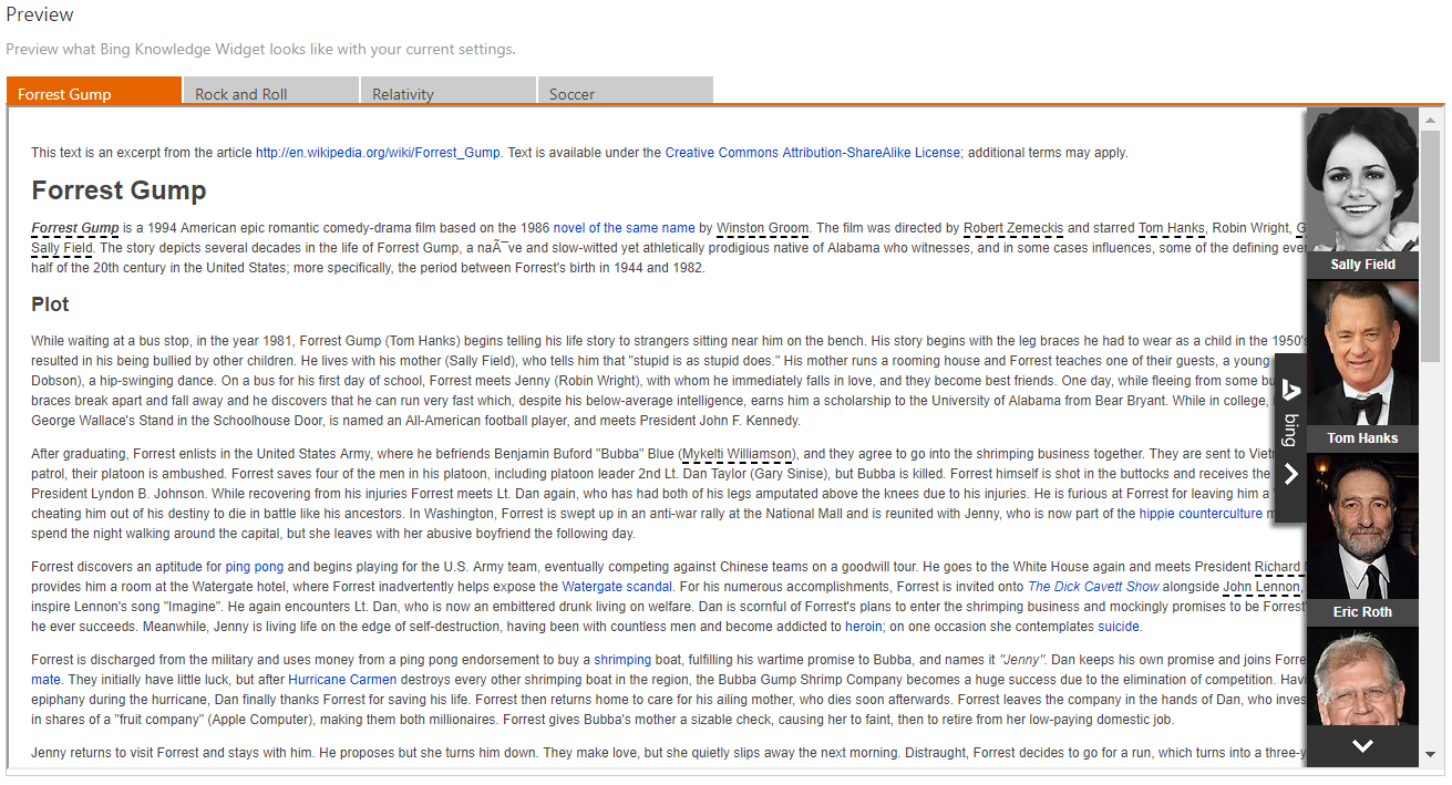 Screenshot of the Bing Knowledge Widget Preview box, featuring an excerpt from the Wikipedia page for the movie Forrest Gump