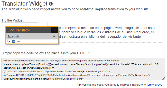 Bing Translator Widget example and code snippet