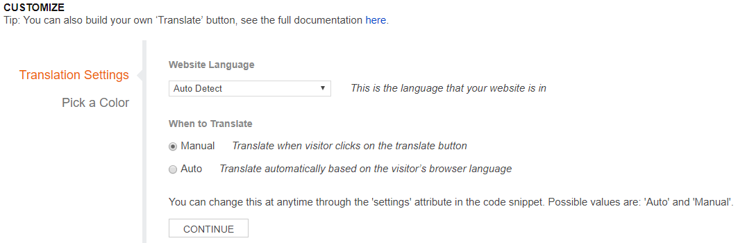 Customization options panel for the Bing Translator Widget