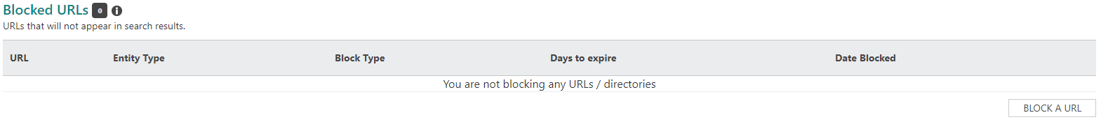 Screenshot of Blocked URLs section in Bing Webmaster Tools