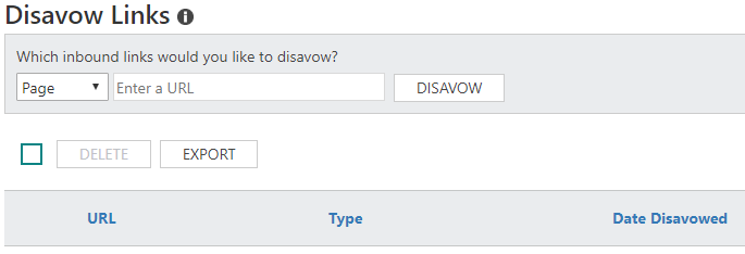 Screenshot of Disavow Links section in Bing Webmaster Tools