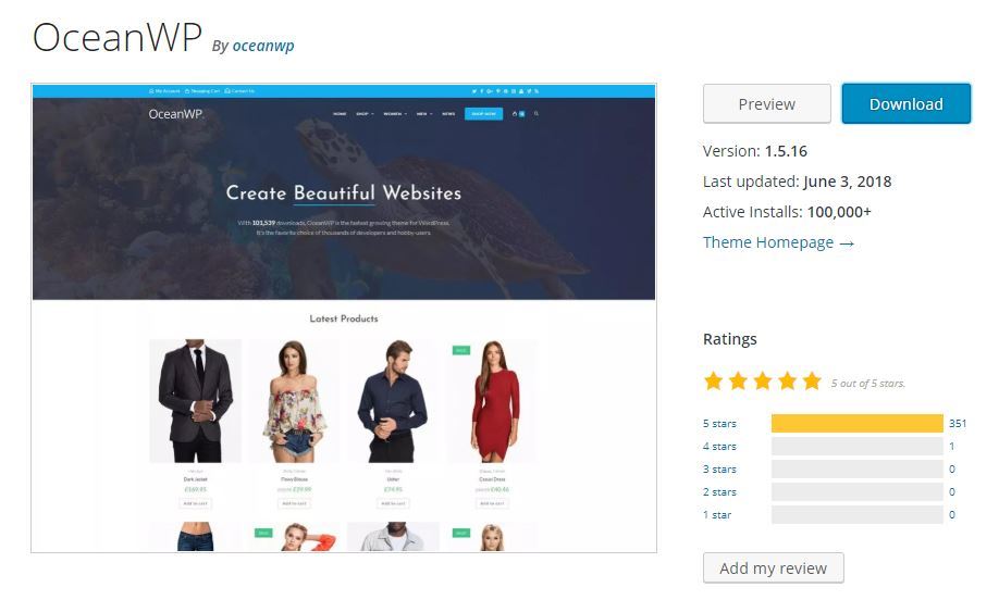 OceanWP WordPress theme that has good ratings, a recent update, and many active installs