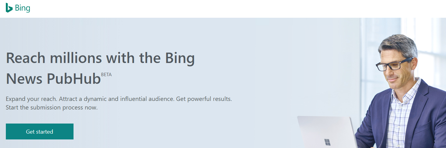 Screenshot of the Bing News Pubhub landing page