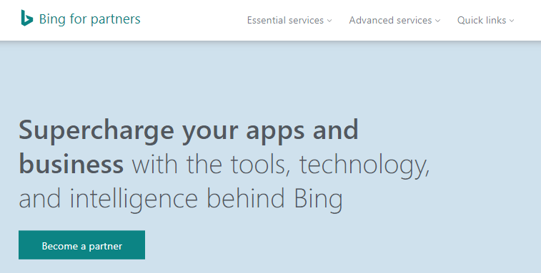 screenshot of the Bing for Partners landing page