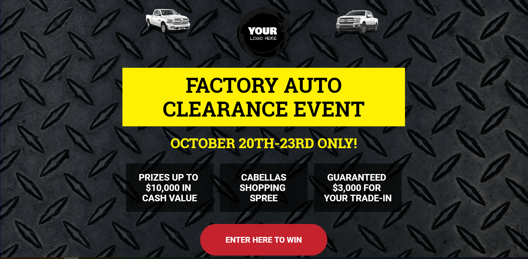 Factory Auto Clearance Event sample landing page with diamond plate background