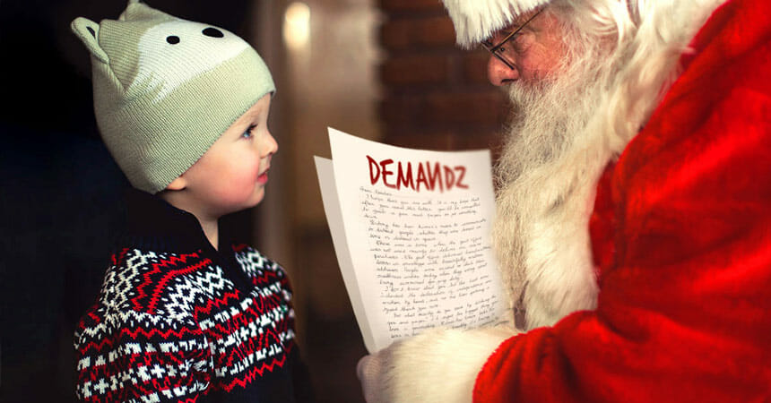 Tip #1 Start Planning Early: child in sweater and fox hat handing list of Christmas demands to Santa