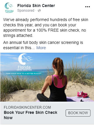 Facebook ad for Florida Skin Center featuring woman doing yoga on beach