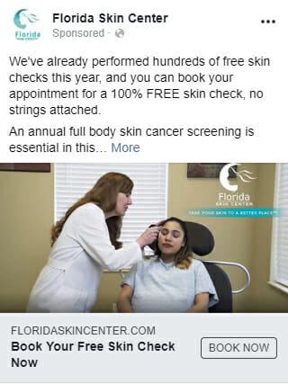 Facebook ad for Florida Skin Center featuring Dr.Badia checking a patient's skin