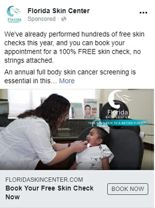Facebook ad for Florida Skin Center featuring doctor examining child patient's skin