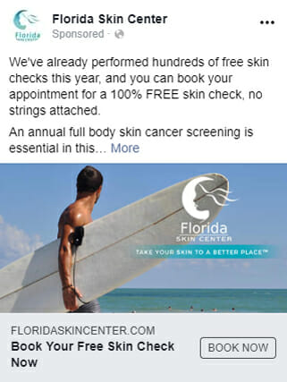 Facebook ad for Florida Skin Center featuring man carrying surfboard on beach