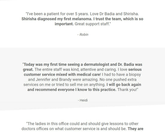 Patient Testimonials section of Florida Skin Center landing page