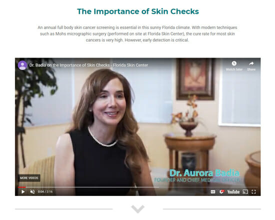 The Importance of Skin Checks video section of Florida Skin Center landing page