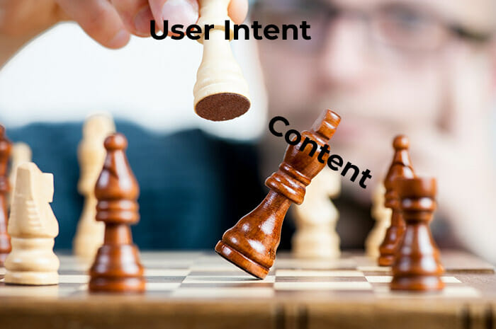 Chesspiece labeled Content knocked over by a piece labeled User Intent