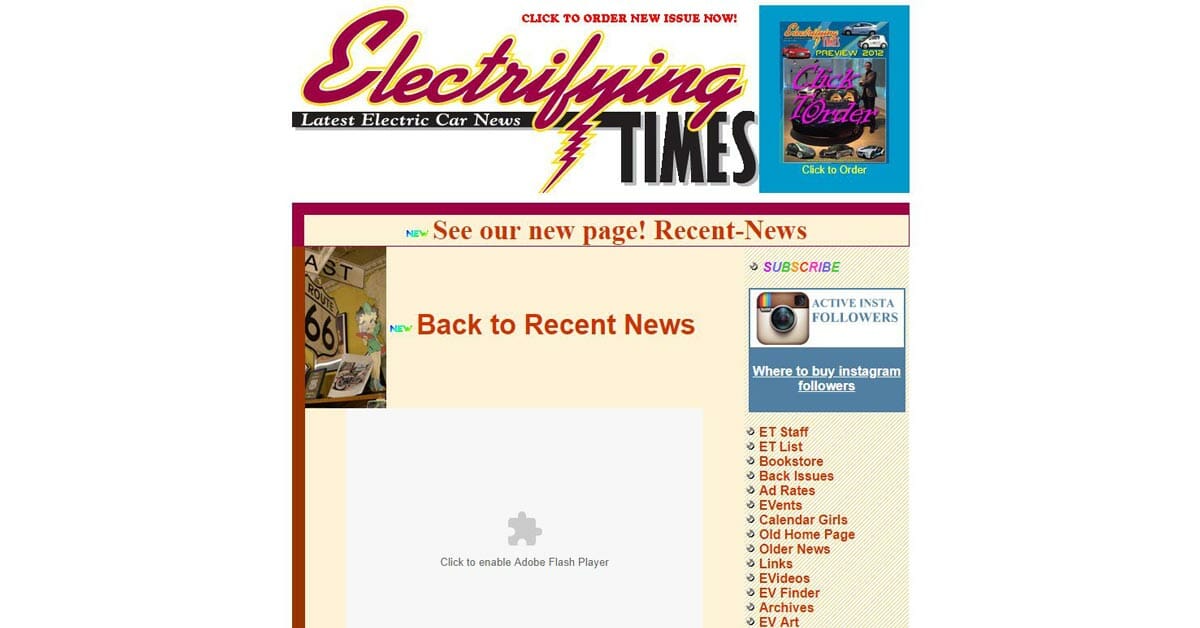 splash page for Electrifying Times Electric Car News site