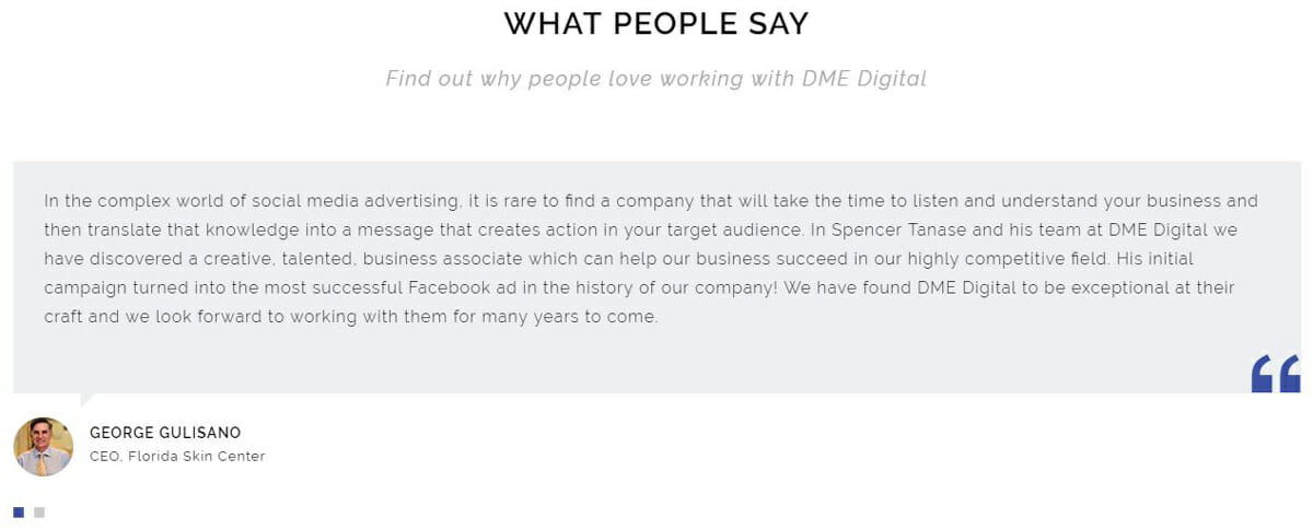Testimonial of DME Digital's services from George Gulisano of Florida Skin Center