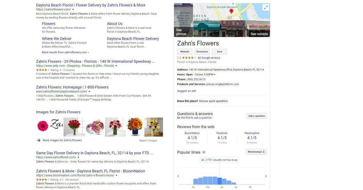 SERP for Zahn's Flowers in Daytona Beach, Florida